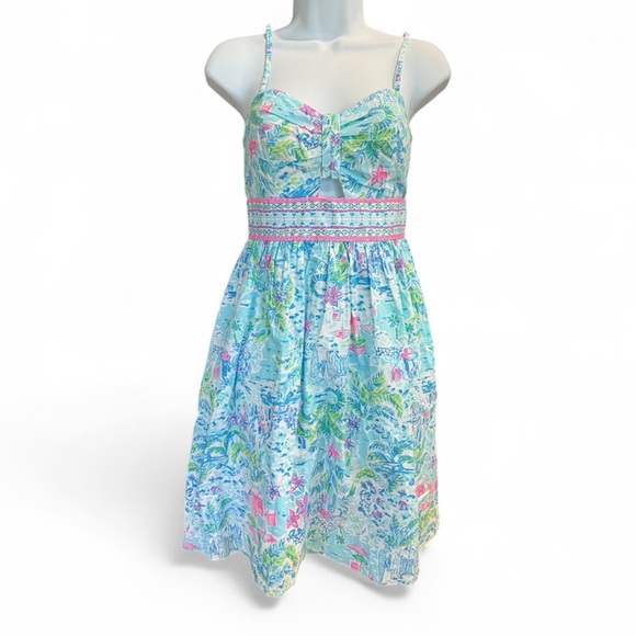 Lilly Pulitzer Katelyn blue & pink floral tropical spaghetti strap a line dress - Picture 4 of 11